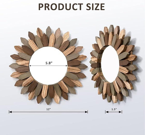 Honiway Boho Wall Decor 12 inch Decorative Mirror with Rustic Wood Sunburst Frame, Perfect for Bedroom, Living Room, Bathroom, Kitchen