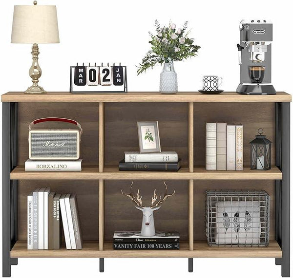 FATORRI 6 Cube Storage Organizer with Shelf, Long Wood and Metal Cubby Bookcase, Industrial Horizontal Bookshelf (Rustic Oak, 47 Inch)