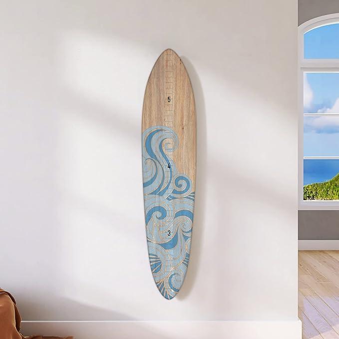 Wooden Surfboard Wall Decor Growth Chart - Surf Board Wall Decor for Kids Room, Wooden Growth Chart for Wall, Surfboard Wall Art, Surfboards for Decoration - Blue Wave (9.5