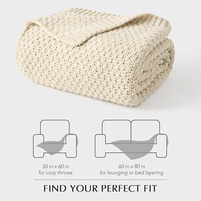 Chunky Chenille Knit Throw Blanket for Couch, Soft Luxurious Moss Stitch Blankets for Bed, Cozy Decorative Farmhouse Knitted Throws for Sofa, Beige, 60