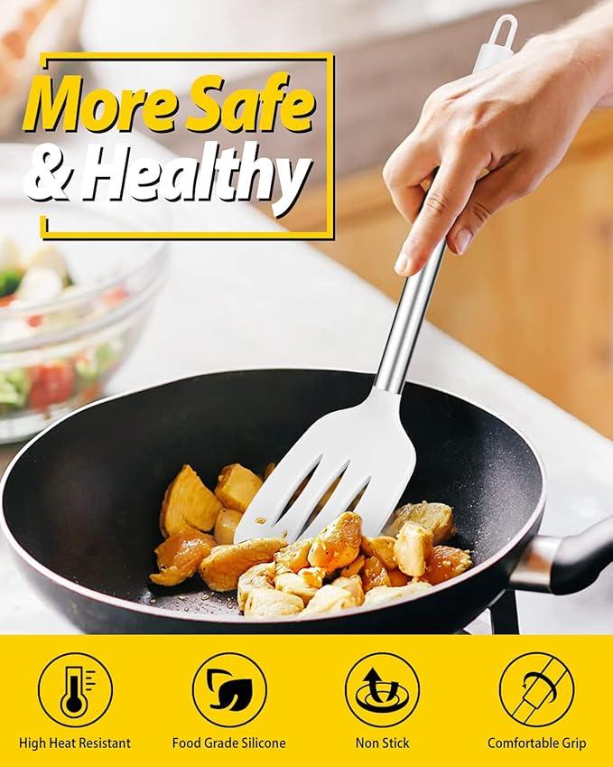 Pack of 2 Silicone Solid Turner, Non Stick Slotted Kitchen Spatulas, High Heat Resistant BPA Free Cooking Utensils, Ideal Cookware for Fish, Eggs, Pancakes(White)