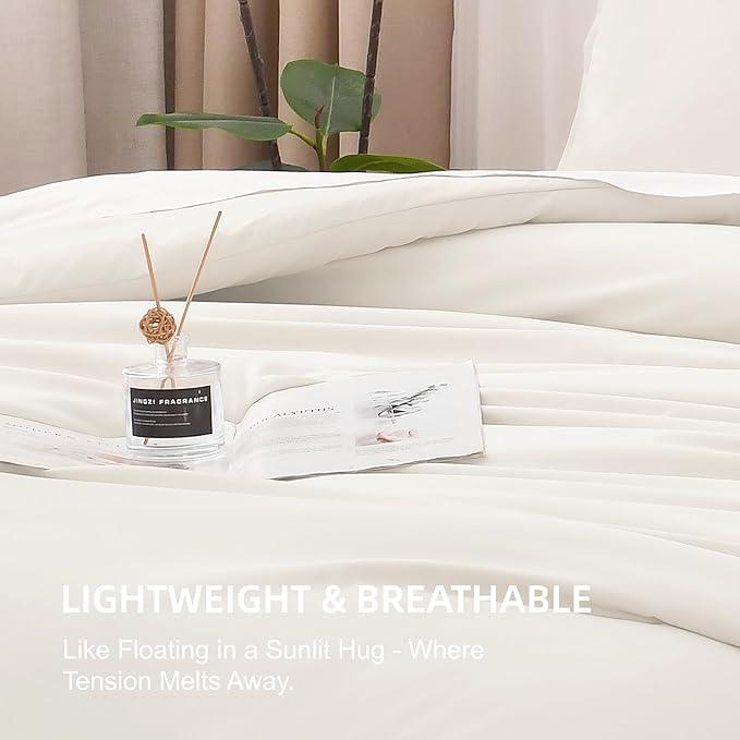 Litanika Comforters Ivory Oversized King Size, 3 Pieces Lightweight Solid Bedding Comforter Set, All Season Fluffy Bed Set (120x98In Comforter & 2 Pillowcases)