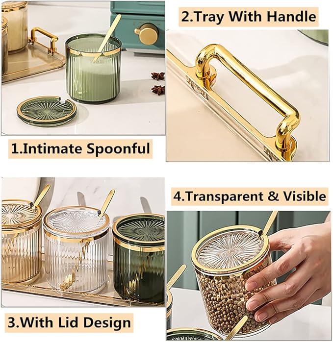 Acrylic Condiment Spice Jars,Condiment Spice Box With Lids and Spoons and Tray,Clear Plastic Sugar Salt Canisters,Seasoning Box 3 Pack,Seasoning Box Set for Kitchen to Storage Salt,Paprika,Sugar