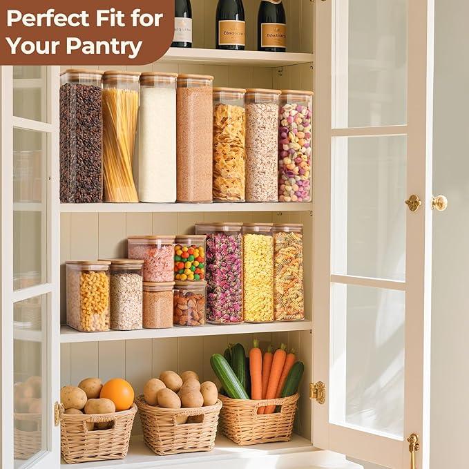 ComSaf 2.2 Qt Rectangle Glass Storage Containers with Lids, Glass Jars with Bamboo Lids, Clear Food Storage Jar, Tall Spaghetti Container, Pantry Storage Container for Pasta Flour Oats Nuts Rice