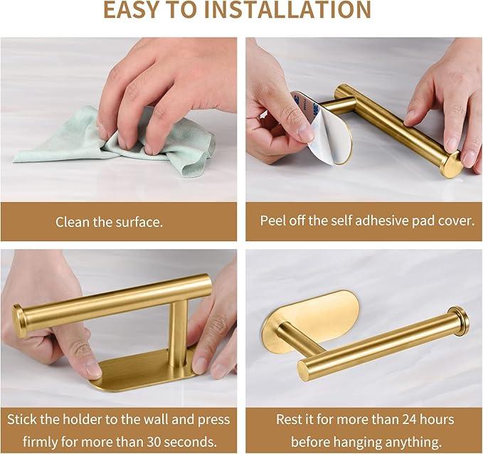 Toilet Paper Holder,Gold,Wall Mount, Upgraded Adhesive Toilet Roll Holder,no Drilling,Bathroom/Rv/Washroom,SUS 304 Stainless Steel,Rustproof (Gold, 1 Piece)