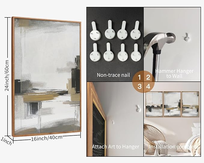 SIGNINART Beige Abstract Framed Canvas Wall Art Set, Black and White Textured Art Prints, Paint Strokes Minimalist Shapes Wall Decor, Neutral Modern Art Paintings for Living Room, Bedroom, Office 16