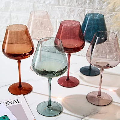 Colored Crystal Wine Glass Set of 6, Gift For Hosting, Her, Wife, Mom Friend - Large 20 oz Glasses, Unique Italian Style Tall Drinkware - Red & White, Dinner, Color Beautiful Glassware - (Pastel)