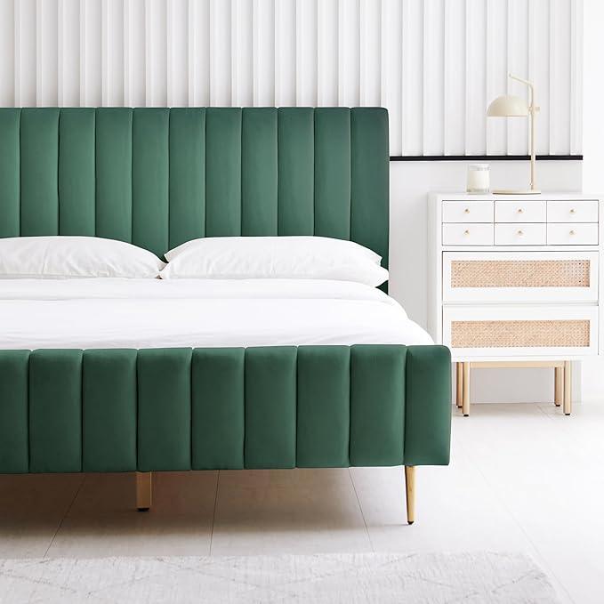 Livinia Full Size Elton Velvet Platform Bed, Upholstered Bed Frame with Vertical Channel Tufted Headboard Footboard, Strong Wood Slats, No Box Spring Needed, Green (Full)