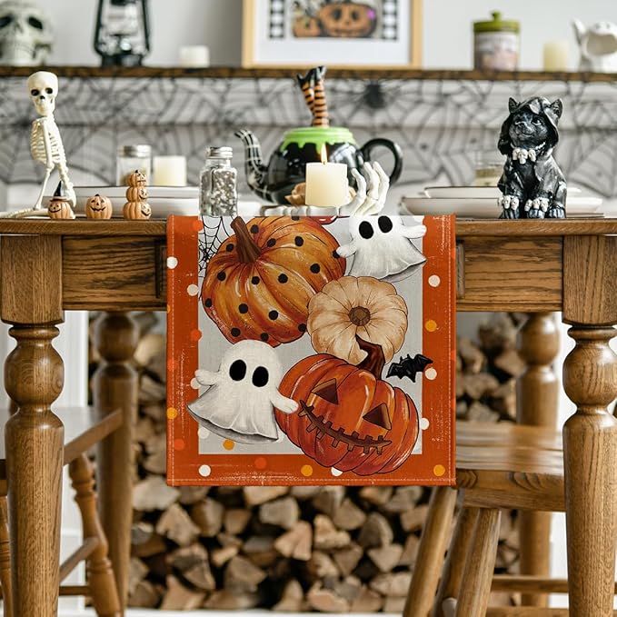 Artoid Mode Orange Jack-O'-Lantern Pumpkin Ghost Halloween Table Runner, Holiday Kitchen Dining Table Decoration for Home Party Decor 13 x 72 Inch