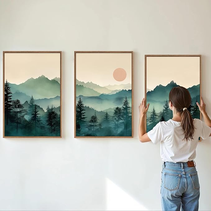 SIGNINART Large Mountain Framed Canvas Wall Art Set, Abstract Misty Forest Wall Decor, Foggy Nature Pine Tree Wall Painting, Modern Boho Sunrise Art Prints for Bedroom Living Room and Office 24