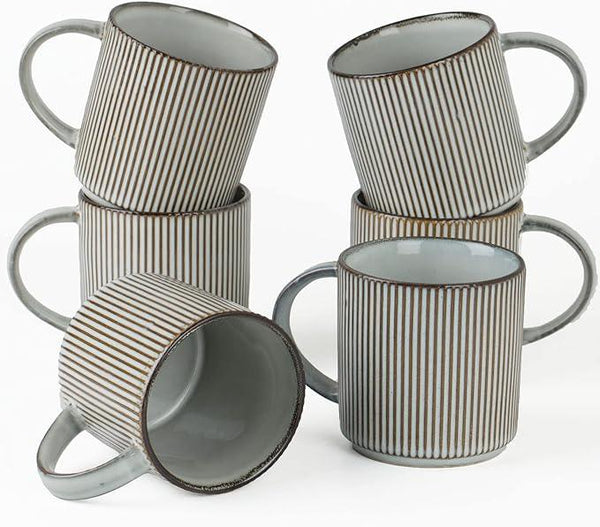 famiware Coffee Mug Set for 6, Star 12 oz Catering Mugs Cup Set with Handle for Coffee, Tea, Cocoa, Milk - Ceramic Stoneware Drinkware Set, Smoky Blue