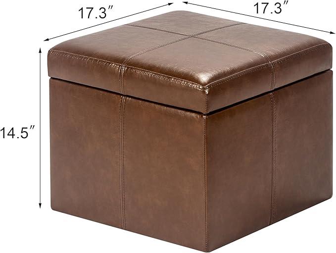 Adeco Storage Ottoman Foot Rest Stool, Leather Ottoman Footstool with Hinged Lid, 17