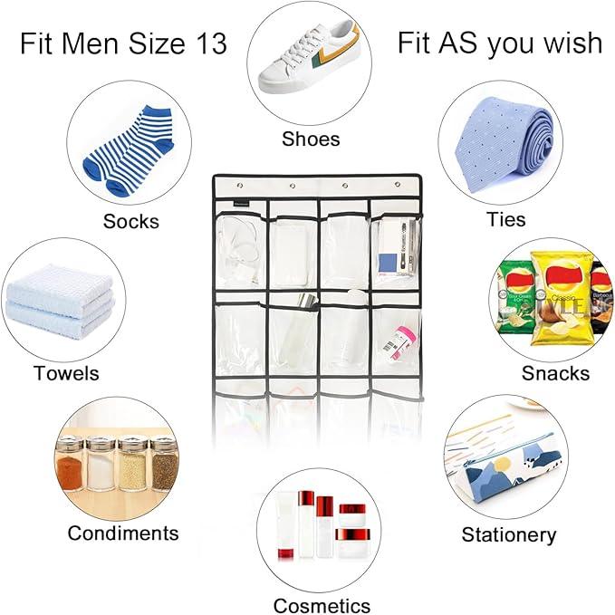 2 Pack Extra Large Hanging Crystal Clear Over Door Shoe Organizers, Closet Shoe Rack Organizer, 12+6 Pockets, 8 Hooks, White (59