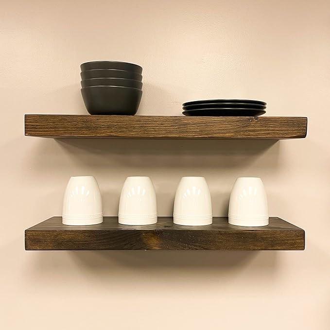 URBANDI, Rustic Floating Shelves, Set of 2, Hidden Bracket, Solid Wood, Heavy Duty, Wall Mounted Shelves, (Dark Brown, 12Wx12D)