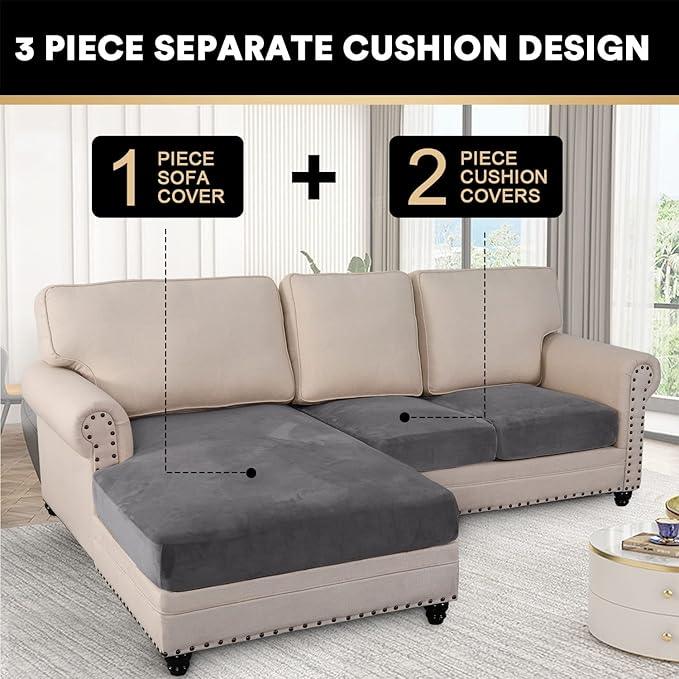 PrinceDeco Sectional Couch Covers 3 Pieces Velvet Sofa Covers L Shape Soft Couch Covers for Sectional Sofa Corner Sofa Cover Couch Cover for Dogs Washable (2 Seater + 1 Chaise,Grey)