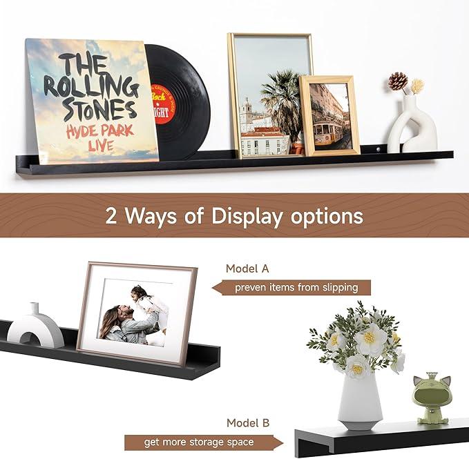 Fun Memories Picture Ledge Shelf, 48 Inch Floating Shelves Set of 2, Large Nursery Book Shelves for Toys Storage, Kids Bookshelf Wall Mounted for Wall Decor Books Photo Frames, Black
