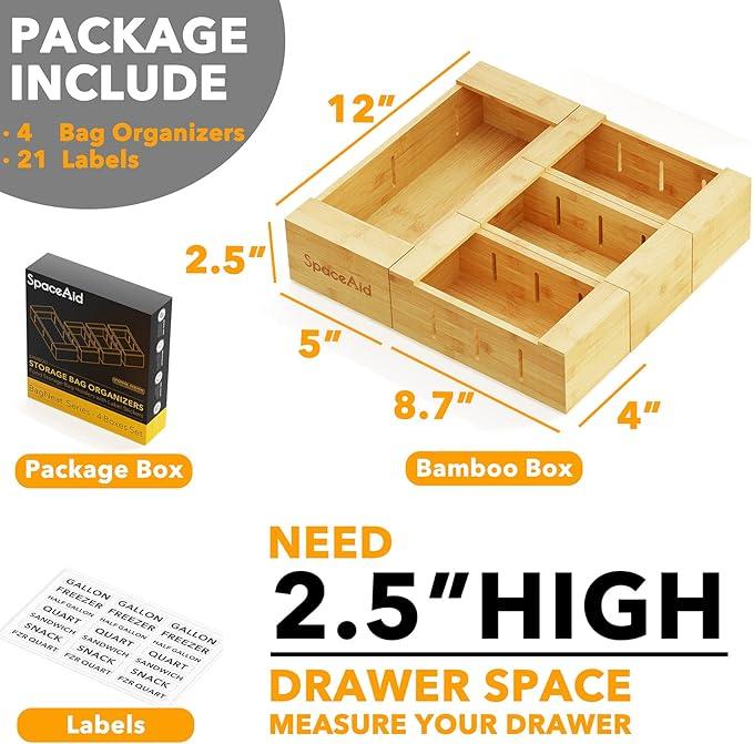 SpaceAid Bag Storage Organizer for Kitchen Drawer, Bamboo Organizer, Compatible with Gallon, Quart, Sandwich and Snack Variety Size Bag (4 Pack), 2.5