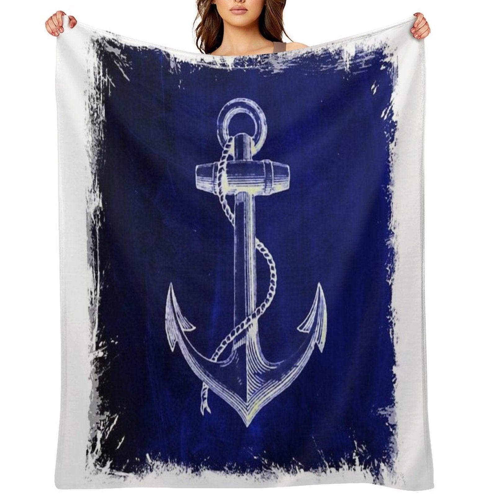 Preppy Rustic Beach Sailor Fashion Navy Blue Anchor Nautical Throw Blanket