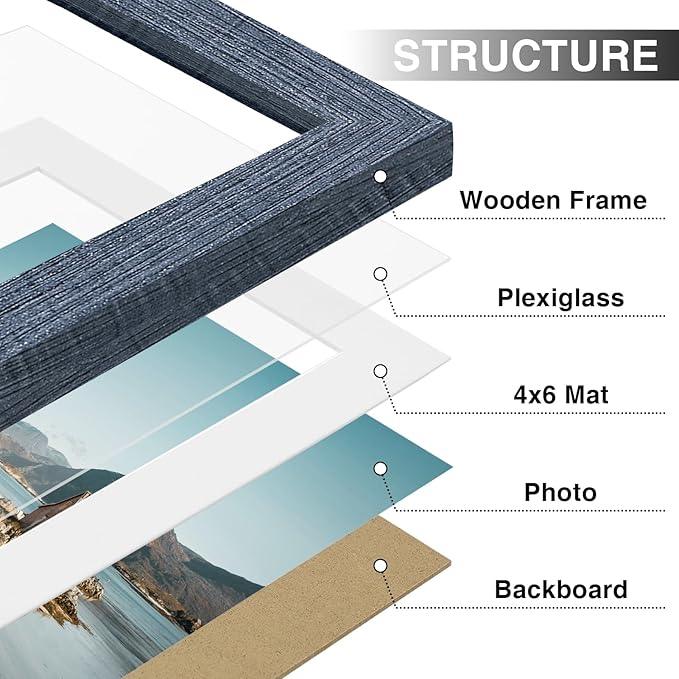 Vittanly 5x7 Picture Frames Set of 9, Shatter Resistant Plexiglass, Display 4x6 Pictures with Mat or 5x7 without Mat, Photo Frames for Wall or Tabletop, Engineered Wood, Navy