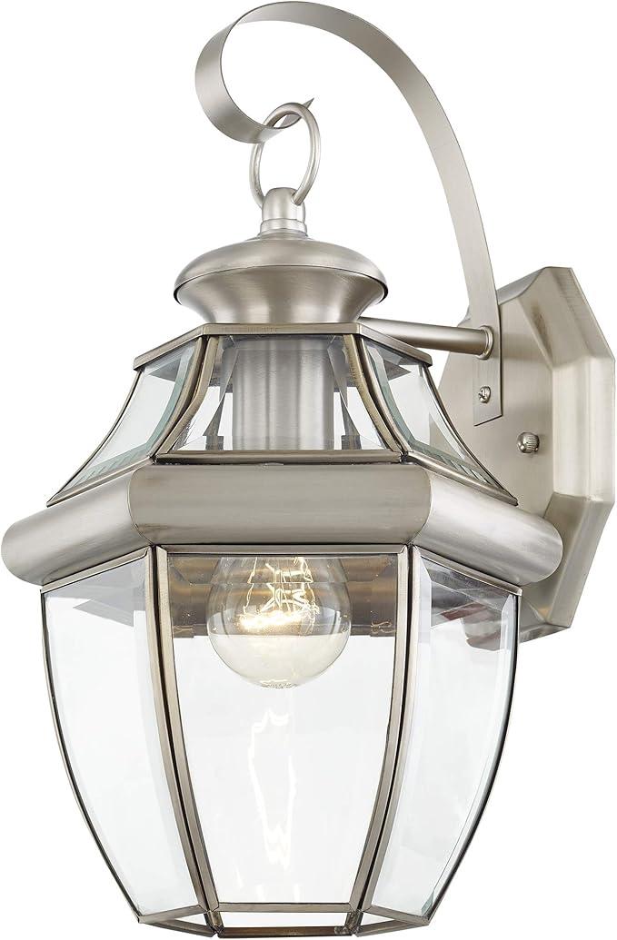 Livex Lighting 2151-91 Monterey 1 Light Outdoor Brushed Nickel Finish Solid Brass Wall Lantern with Clear Beveled Glass 13