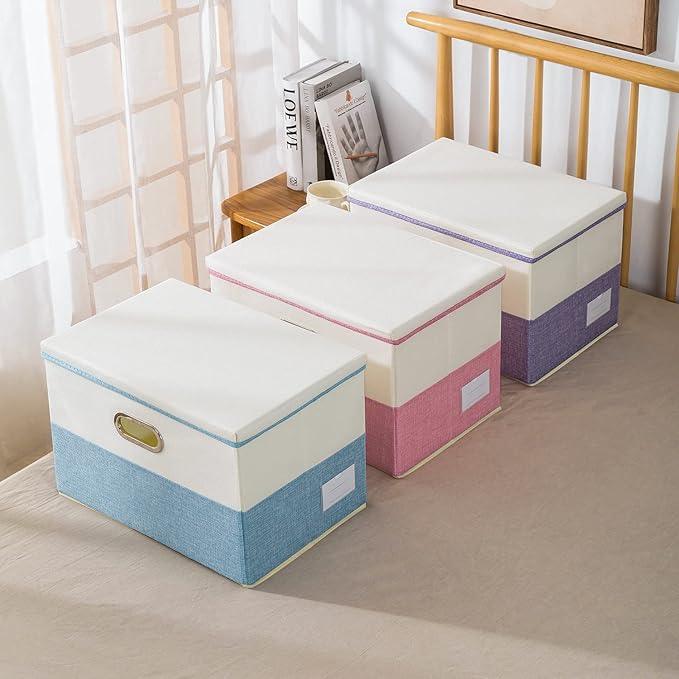 PRANDOM Collapsible Storage Bin with Lid [3-Pack] Fabric Foldable Storage Box Organizer Container Basket Cube with Cover for Home Bedroom Closet Office Nursery Blue&Cream(14.9x9.8x9.8)
