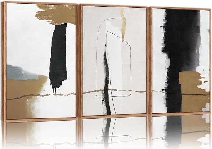 SIGNINART Black and White Abstract Framed Canvas Wall Art Set of 3, Beige Neutral Art Prints, Minimalist Modern Wall Decor for Living Room, Bedroom, Office,Above Couch 16