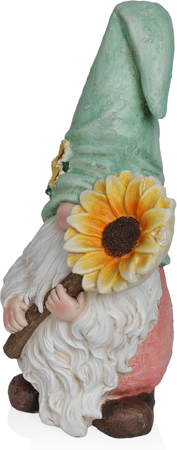 Alpine Corporation MCC842 Indoor/Outdoor Gnome Holding Sunflower Garden Statue, Charming Gnome Statue w/Hat, 21