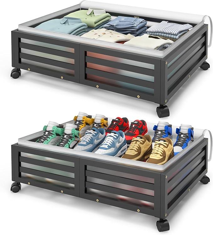 Under Bed Storage with Wheels-Large Bamboo Underbed storage Containers with Large Dust Bag Stackable Under the Bed Shoe Storage Bins for Clothes Books Bedding (2 Packs Black, 23.62
