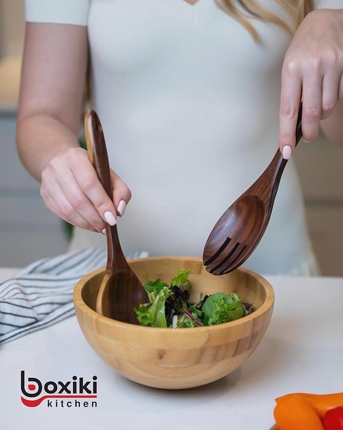 Boxiki Kitchen Luxury Teak Wood Utensil Set - Elegant 6-Piece Cooking Ensemble Including Spoons, Server, Scraper & Spatula - Expertly Crafted for Culinary Excellence