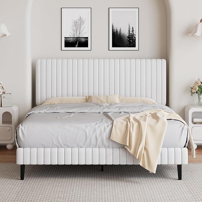 Queen Size Bed Frame with Headboard, Velvet Upholstered Platform Bed with Vertical Channel Tufted Design, No Box Spring Required, Easy Assembly, White