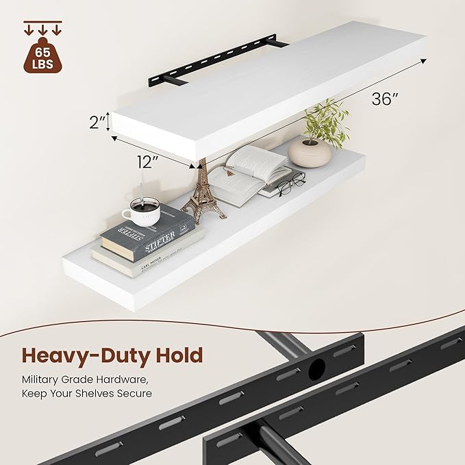 White Floating Shelves for Wall, 36 Inch X 12 Deep Shelves for Room Wall Mounted，2
