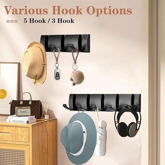 Folding Coat Hooks, Wall Mounted Coat Rack with 5 Retractable Hooks, Heavy Duty Towel Rack for Bathroom Wall Hook for Hanging Clothes Bathrobe, Stainless Steel Coat Hanger for Entryway(Black)