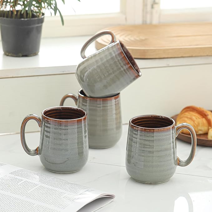 Hasense Coffee Mugs Set of 4, 12 oz Coffee Cups Ceramic, Stoneware Latte Mug with Large Handle for Coffee, Tea, Milk and Chocolate,Easy Hold & Clean, Dishwasher & Microwave Safe, Light Grey