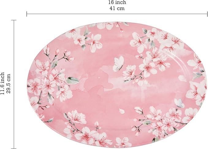 Bico Spring Sakura 16 plus 14 inch Ceramic Oval Platters Set, Set of 2, Microwave & Dishwasher Safe, for Serving Fish, Chicken, Turkey