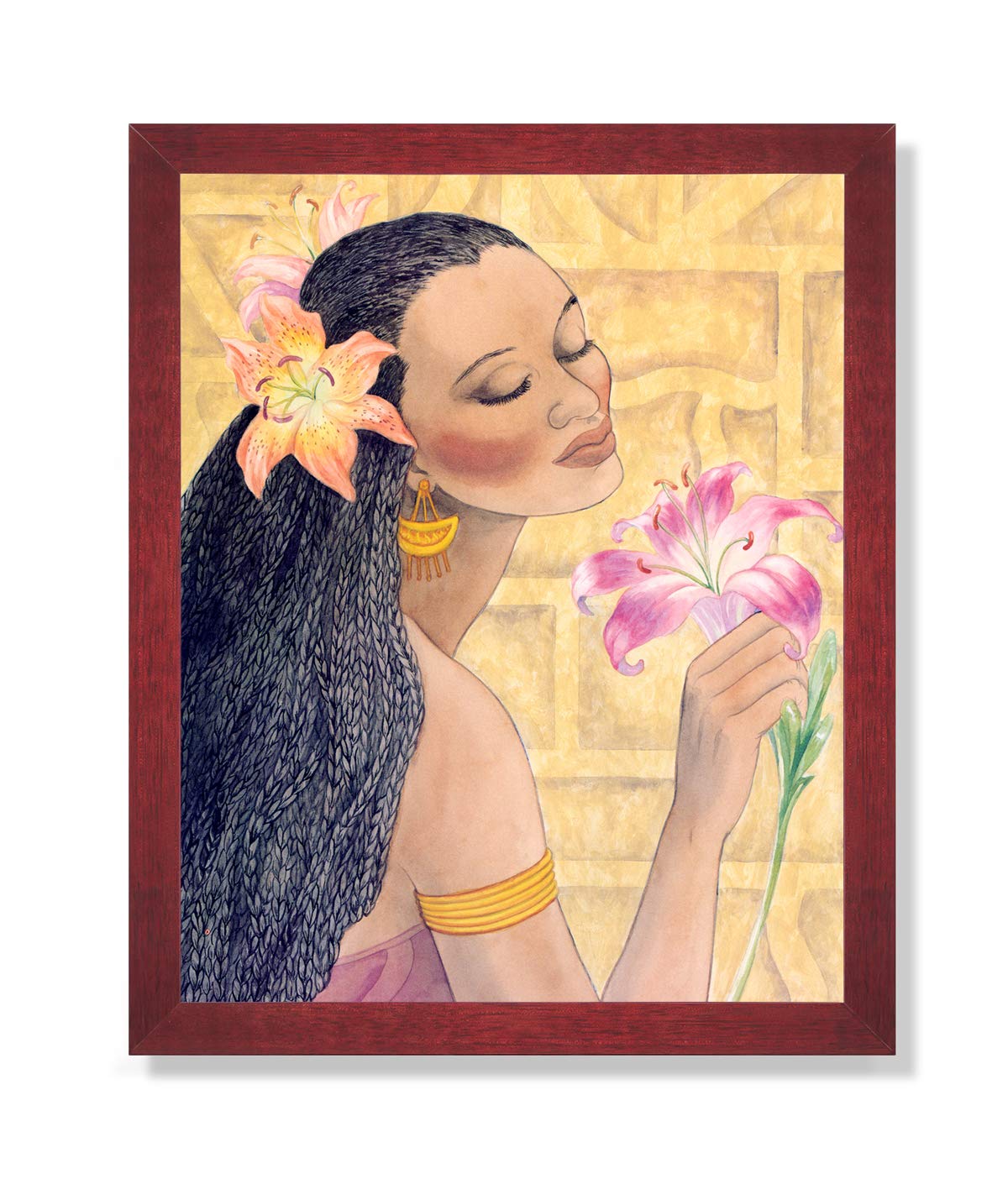 Framed Art Print - African American Black Flower Girl Floral Painting in Cherry Finish Frame