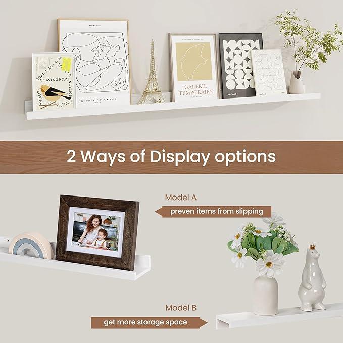 Picture Ledge Shelf, Solid Pine Wood Floating Shelves Set of 2, 40 Inches Nursery Book Shelves for Toys Storage, Kids Bookshelf Wall Mounted for Living Room Bedroom Decor Books Photo Frames, White