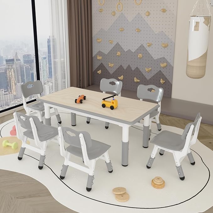 Kids Study Table and 6 Chairs Set,Height Adjustable Table and Chairs for Children and Toddlers,47.2