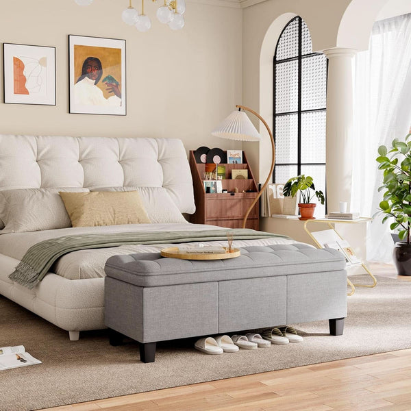 Forty Seven Inch Storage Ottoman Bench Linen Gray Fabric