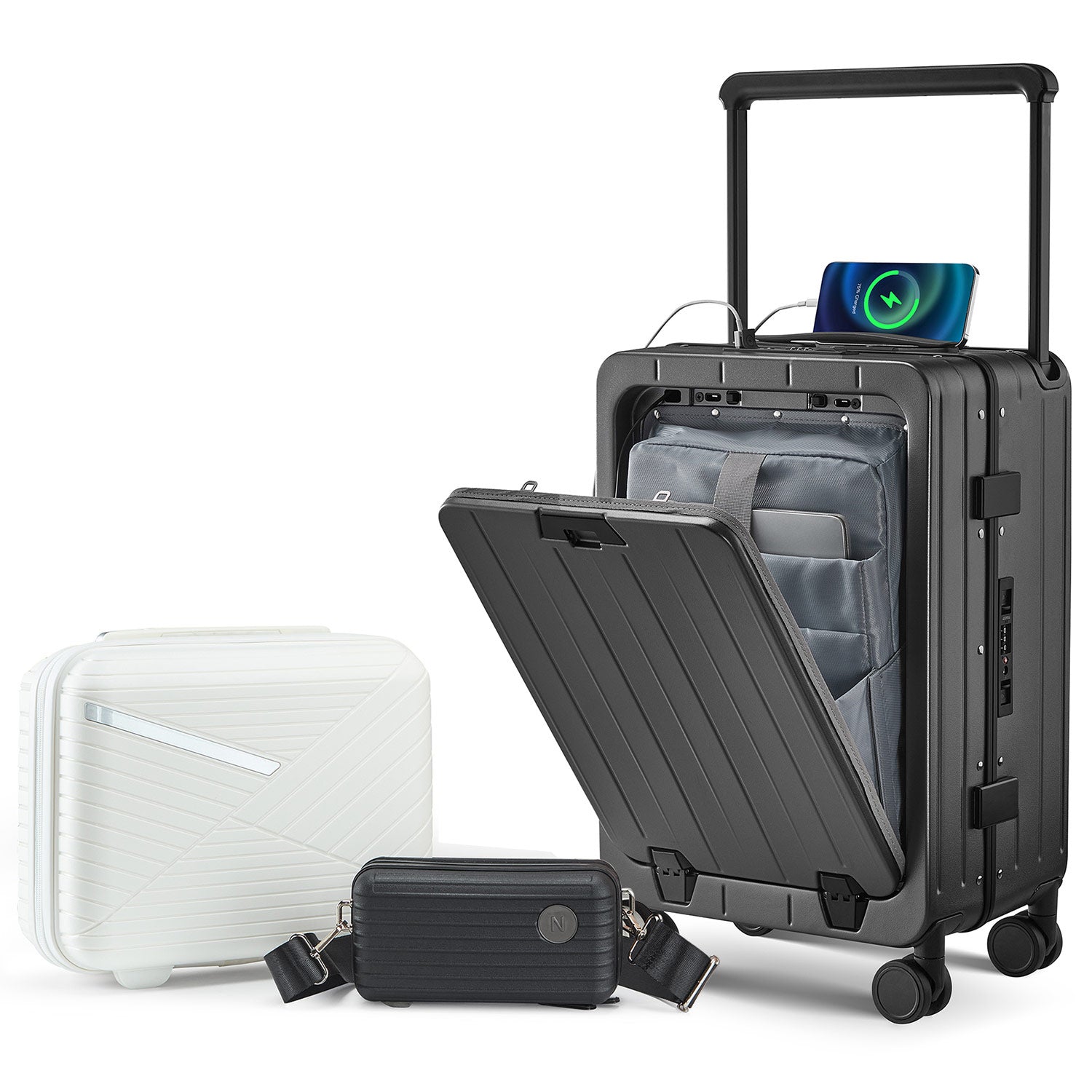 Aluminum Frame 20 Inch with Front Open Carry-on Luggage, PC Hard Shell Suitcase, Bounce Wide Handle Pull Rod Luggage with 360°Double Wheels, Built-In TSA Lock, Airline Approved Suitcase for Business