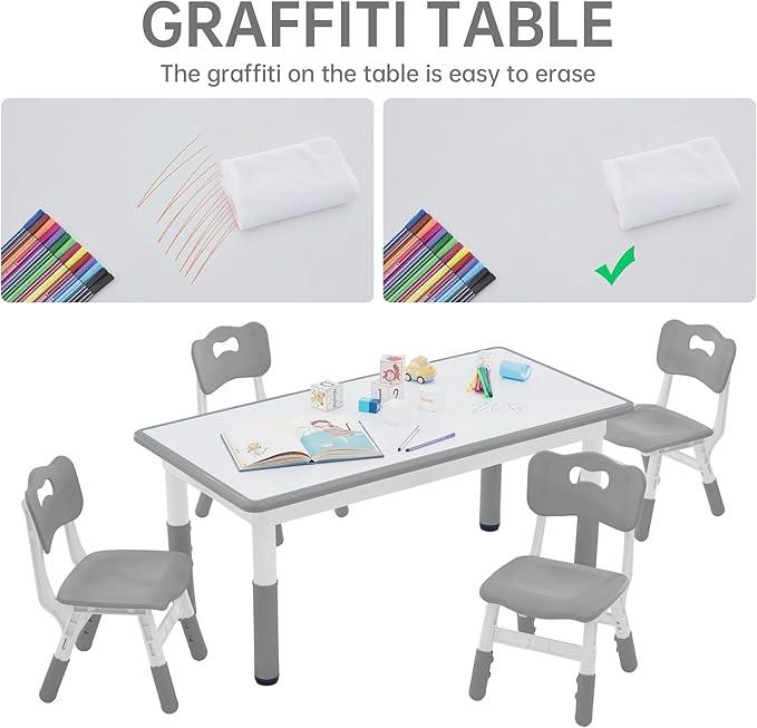Kids Study Table and Chairs Set, Height Adjustable Toddler Table and Chair Set for Kids Ages 3-8, Graffiti Desktop (Grey)