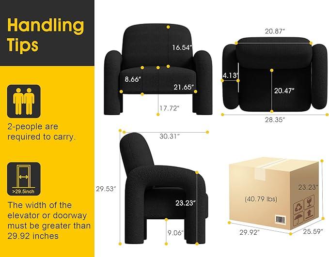 Modern Sherpa Accent Chair, Teddy Upholstered Arm Single Sofa, Cozy Fluffy Reading Chair for Living Room, Bedrooms, Corner (Black)