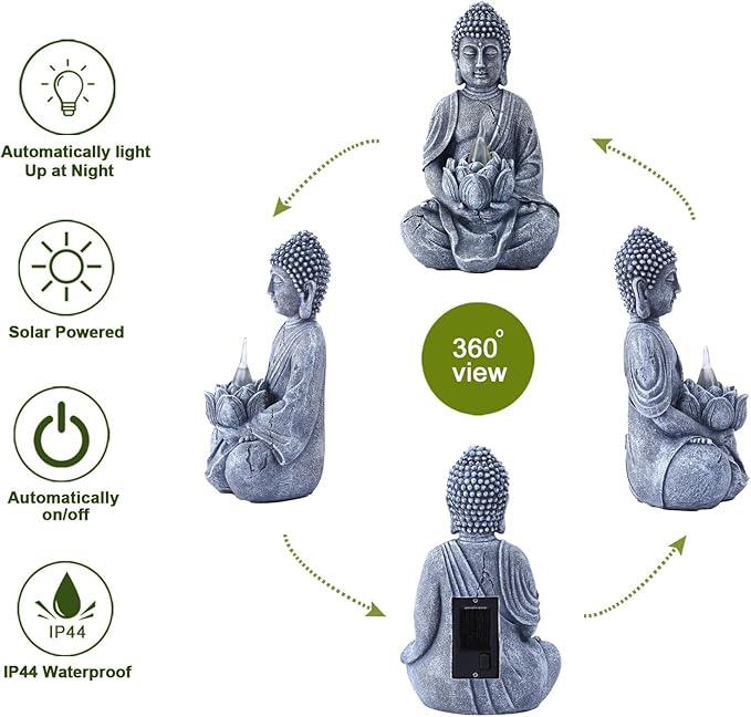Solar Meditation Buddha Garden Statues: Outdoor Sculpture with Tea Lights Decor for Patio Lawn Yard Art - Gifts for Mom Grandma