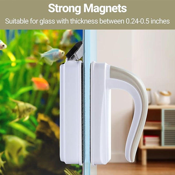 Aquarium Magnet Glass Cleaner, Magnetic Fish Tank Cleaner with Algae Scraper, Double Sided Cleaning Scrubber Brush with Handle, Titanium Blade, Self-Floating, Fit 1/4