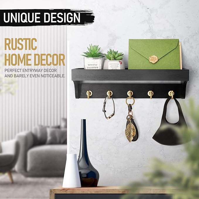 Rebee Vision Key Holder for Wall with Shelf : Decorative Key Organizer with 5 Rustic Keys Hooks and Primitive Wood Mail Organizer Wall Mount - Entryway Décor (Black)