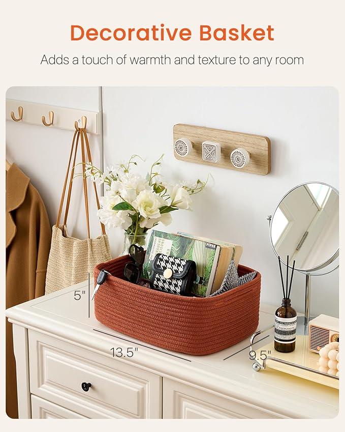 KALLAX Small Woven Basket, 13.5 x 9.5 x 5 Inches, Storage Basket for Organizing, Cute Small Rope Shelf Closet Cube Storage Bins Baskets for Shelves, Dog Toy Gift Baskets Empty, 3 Pack Rust Red