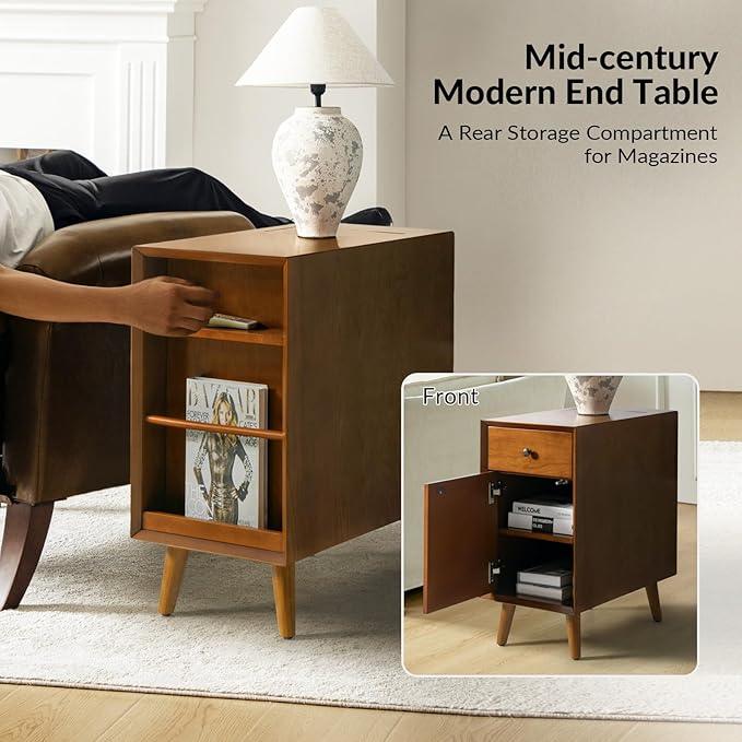 HULALA HOME End Table with Drawer Set of, Modern End Table with USB Ports and Outlets, Wooden Side Table with Storage-Acorn