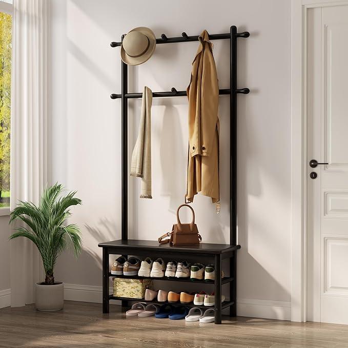 Coat Rack with Shoe Storage, Wooden Hall Tree with Bench, 11 Hooks and 2-Tier Storage Shelves, 3-in-1, Entryway Bench with Coat Rack (31.5