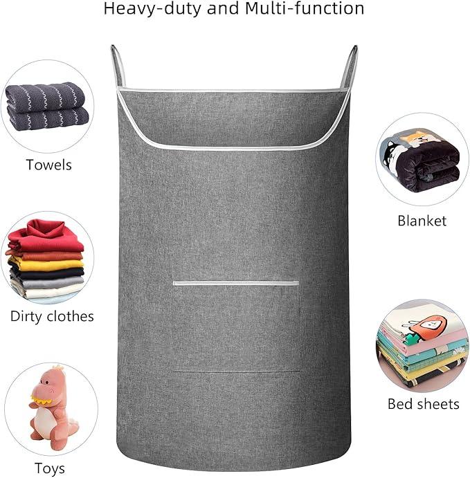 X-Large Hanging Laundry Hamper Bag, Door Hanging Hamper with Front Pocket Dirty Clothes Hanging Laundry Bag Large Size 35X22 inch Door Laundry Basket (Grey)