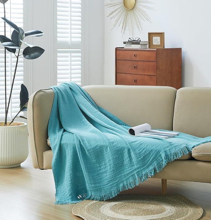 100% Cotton Muslin Throw Blanket for Bed, Couch, Small, Decorative, Soft, Pre-Washed, Breathable and Lightweight Gauze Blanket with Fringes, Suitable for All Seasons, Teal, 50