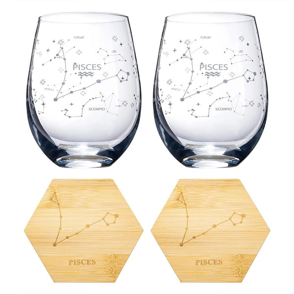 Set of 2 Zodiac Sign Wine Glasses with 2 Wooden Coasters by The Wine Savant - Astrology Drinking Glass Set with Etched Constellation Tumblers for Juice, Water Home Bar Horoscope Gifts 18oz (Pisces)